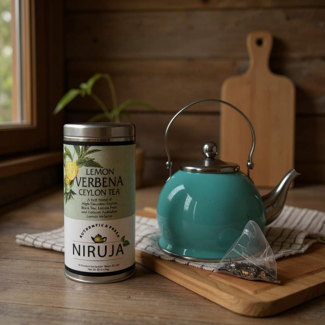 Tea canister labeled 'Niruja Lemon Verbena Ceylon Tea' next to a turquoise teapot on a wooden surface.