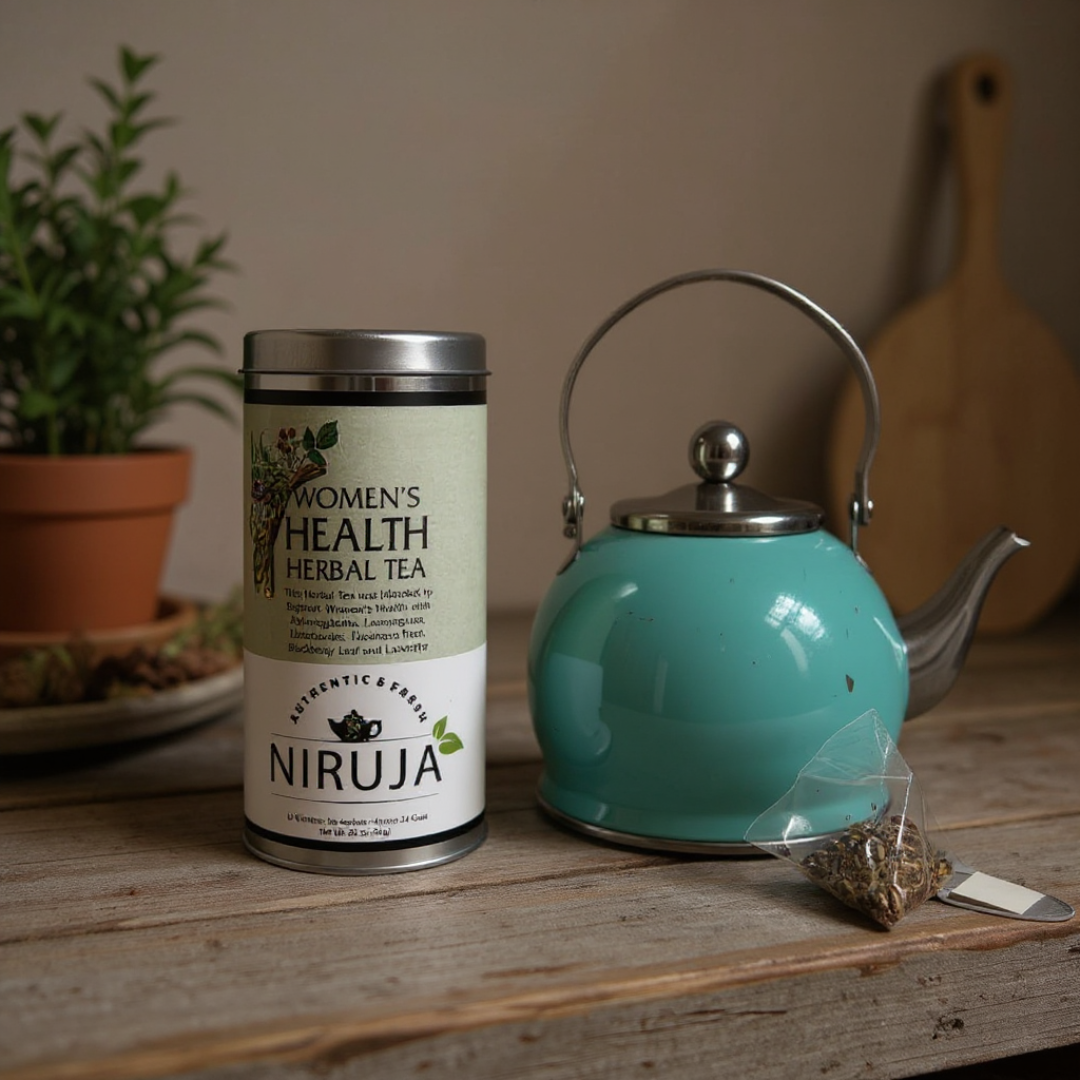 Niruja Women's Health Herbal Tea canister with a turquoise teapot on a wooden surface.