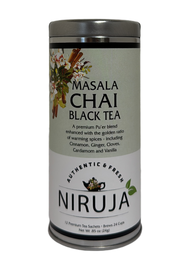 Niruja Masala Chai Black Tea canister on a white background