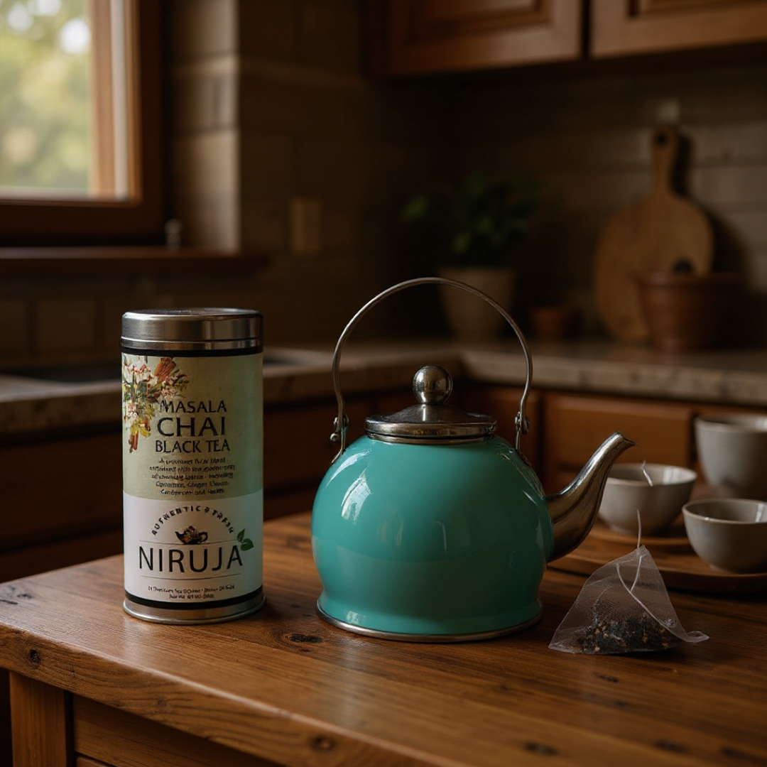 Tea canister and turquoise kettle on a wooden surface with a kitchen background