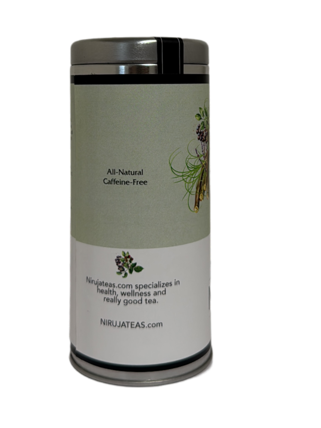 Tea canister with branding and product information on a white background