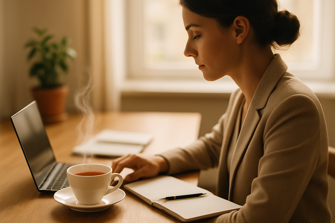 Someone working or studying with tea: A focused individual at a desk, with a cup of tea prominently placed, showcasing the "focus" aspect.