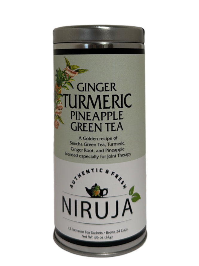 Niruja Ginger Turmeric Pineapple Green Tea canister on a white background