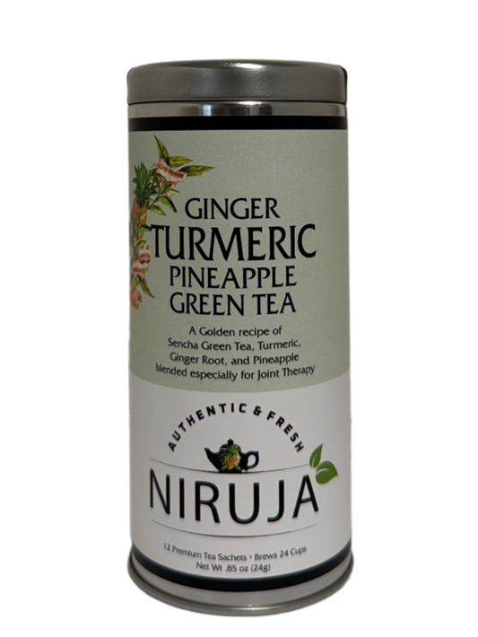 Niruja Ginger Turmeric Pineapple Green Tea canister on a white background